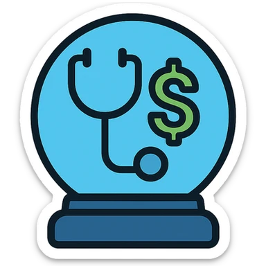 crystal ball icon with a stethoscope and dollar sign inside, minimal icon style, healthcare and affordability theme, clear outlines, blue and green color hints sticker