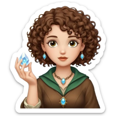 forest rogue woman short tight curly brown hair holding moon crystal sticker