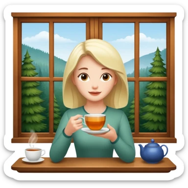 A woman enjoying tea by a window with a forest view sticker