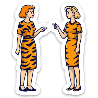 Two women chatting, dressed in leopard print and tiger print dresses sticker