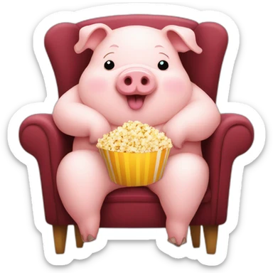 Cute fat pig sitting on a chair with popcorn sticker