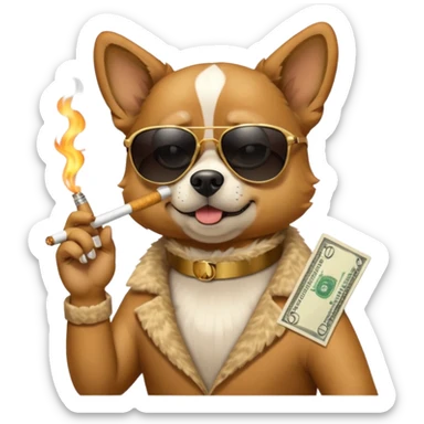 A dog with sunglasses is smoking a cigarette, dollars are flying at him. sticker