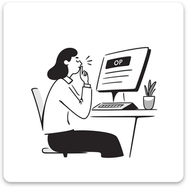 Person with calm expression, breathing deeply, finger hovering over keyboard, email draft visible sticker