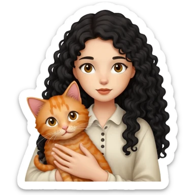 girl with long black curly hair holding a ginger cat sticker