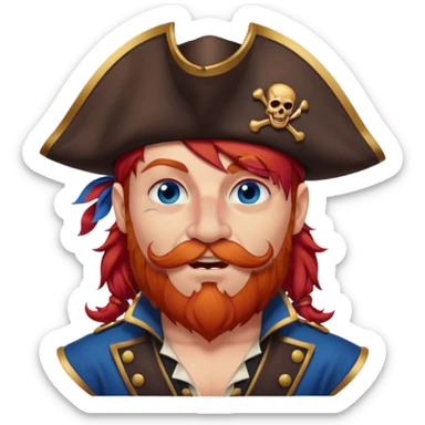 french pirate with hair that fades from brown to red , blue eyes, strong nose and a chin dimple winking and licking his mouth seductively sticker