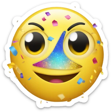 reate a 3D happy emoji with a bright yellow sphere, large sparkling eyes, and a wide grin. Add colorful confetti around it, and use a glossy finish for a vibrant look. sticker