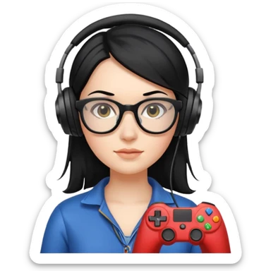 
gamer, woman shiny black hair no eyebrows with glasses, headphone, gamepad sticker
