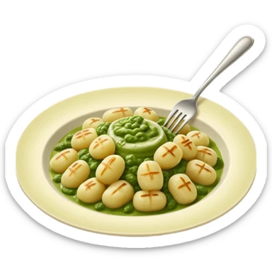 Gnocchi Cinematic Realistic Gnocchi Dish Emoji, depicted as tender oblong potato gnocchi garnished with iconic fork marks on top, rendered with soft textures and warm, inviting lighting. add green pesto sauce sticker