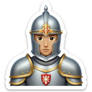 Clash of Clans aesthetic: Cinematic heroic Armored Knight Hero close up Emoji, rendered in a 3D vector-style similar to standard emojis with minimal shading and bold, simplified shapes. A compact, isometric warrior clad in gleaming plate armor with intricate heraldic details, softly glowing with a chivalrous medieval charm. Simplified yet unmistakably iconic, highly detailed and consistent, glowing with a soft radiant shine and high polish. Stylized with a touch of noble valor and a soft glowing outline, wearing a full face helm so that no face is visible with only eyes visible, capturing the essence of a gallant knight ready for honorable battle with a friendly, playful manner! sticker