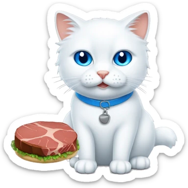 Fluffy white Cat with blue eyes eating steak sticker