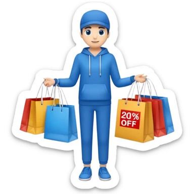 Person who is waiting the sale promotion with 20% off sign, wearing blue outfit and hanging some shopping bags sticker