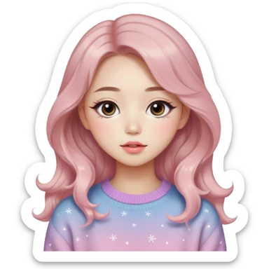 “korean Emoji girl, soft eyeliner, gradient rose lips, light brown shimmer eyeshadow, sparkly aegyo-sal, long wavy hair, cozy pastel sweater.” sticker
