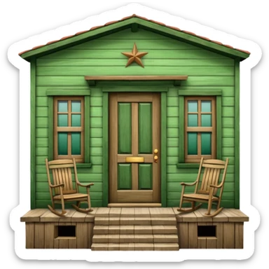 Puerto Rican wooden house facade, central door, two windows, front balcony with rocking chair, scenic frame, humble but well-maintained, warm and authentic, green color sticker