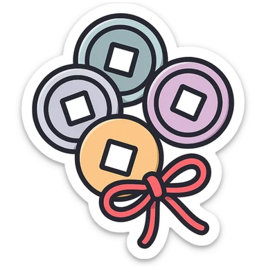 Chinese coins with square holes tied with a red thread bow, icon-color-outlined style, detailed shadows and highlights, thin clean outlines, soft rounded shapes, pastel palette #98B5BC, #B5B3C1, #C9A3C9, #E4C0CA, #F7DCD1, #F7C0AA, modern Japanese pop art and sticker aesthetic, high detail, vector sharpness, soft lighting, transparent background sticker