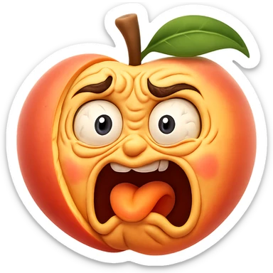 Make the face much more expressive, with exaggerated trembling features and wide eyes, while keeping the hybrid peach and shaking face emoji style. Keep the background transparent. sticker
