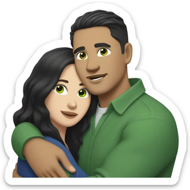 Light skin vietnamese man with straight black undercut hair and a white brunette woman with green eyes and long wavy hair tightly hugging each other  sticker