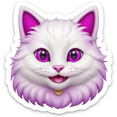 White cat smiling with teeth showing, pink inner ears, magenta purple eyes sticker