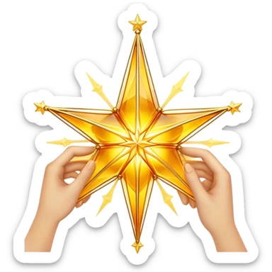 A radiant yellow dream star emerges, carefully being built by hands connecting delicate strands of golden thread and translucent panels of glowing amber glass. sticker