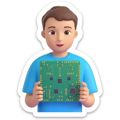 young boy, short hair, friendly neutral face, holding two computer chips, shirt with tech circuit board pattern, one half of face covered with metallic AI or neural network design, apple 3D emoji style, soft gradients, clean shapes, vibrant realistic colors sticker