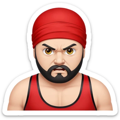 White skin fat guy with black durag, black beard, black eyes in a red and black wrestling singlet with angry face sticker