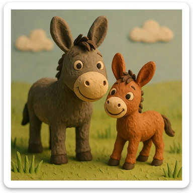 donkey and foal together, cute and cheerful, detailed fur, in a grassy meadow, claymation style sticker