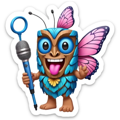 Cartoon Blue and pink tiki singing with butterfly and in the mikrophone sticker