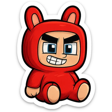 Extract and isolate the small character in the red bunny suit from the image, placing them on a transparent background, keeping the original Minecraft cartoon style and appearance. sticker