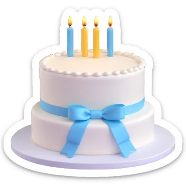Adjust the cake to a single-level white birthday cake with small light blue ribbons arranged around the top edge, keep the 3D emoji style. sticker
