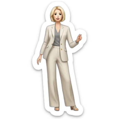 Full height Actively gesturing with hands pale skin woman with ash blonde Straightened bob Hair, White Spacious classical jacket, beige palazzo Arrow pants and gray blouse sticker