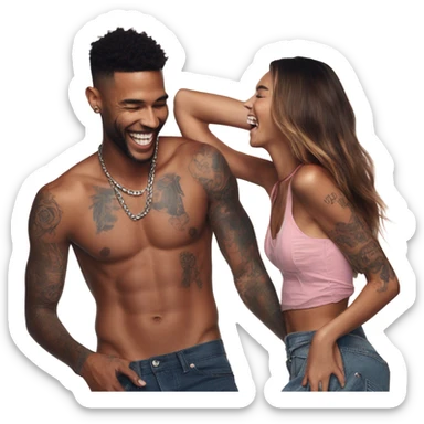 Photo of Victoria secret model laughing with a tattooed male model  sticker