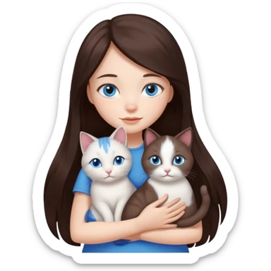 a pretty girl with long dark brown hair, with blue eyes, hugs 3 different natural coloured small cats sticker