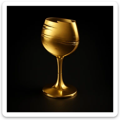 Create a simple and luxurious icon style of a wine glass silhouette in gold color on a black background, inspired by the third reference wine glass. sticker