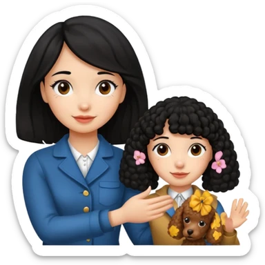 A black hair girl saying byebye with hand shaking a with a brown poodle sticker