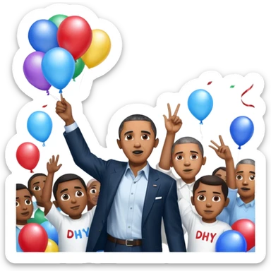 Diddy holding baby oil at a party with balloons and confetti and banners oiled up Obama is there as well holding a sign saying Obama have dih sticker