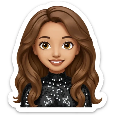 Jade Thirlwall from Little Mix with long brown hair, black sequin outfit sticker