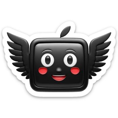 3D emoji of a rectangular video screen with a play icon in the center and small wings on both sides, in Apple Memoji style. Soft studio lighting, glossy finish, black background, minimalistic and centered composition sticker