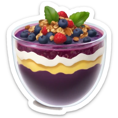 Açaí in a clear cup with layers of fruits and granola and condensed milk sticker