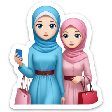 Turkish beautiful finish Konya girls blue eyes with lovely cherry blossom hijab long tail dress and the two friends shopping in a shopping city  sticker