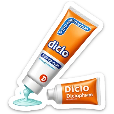 an empty, oversized and totally squeezed out tube of toothpaste labelled "Diclo ratiopharm". It is squeezed out to the last drop. Basic color is orange yellowish. sticker