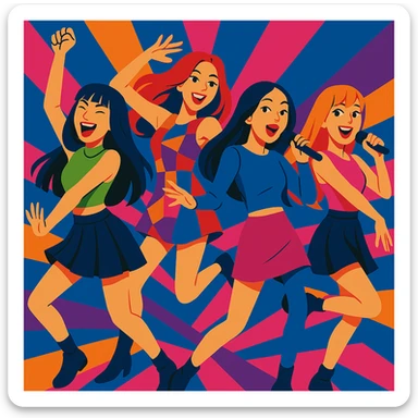 Make the Blackpink group pose even more dynamic, with energetic dance moves and expressive gestures, vibrant toon style sticker