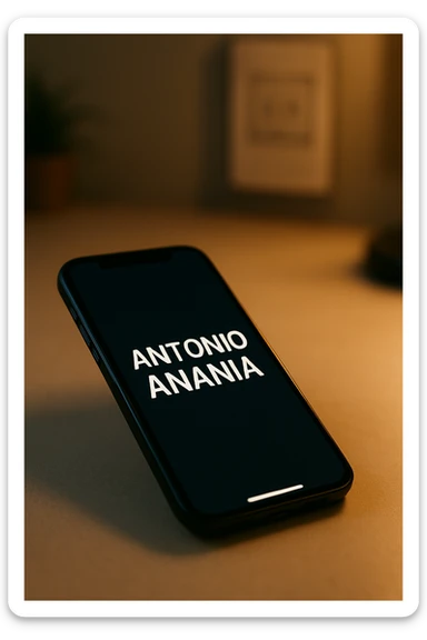 A photo of an iPhone with the message "Antonio Anania" on its screen, The phone sits atop a desk with a blurred background that suggests work environment. A faint glow from above casts gentle shadows across the surface of each object, creating depth and highlighting their textures sticker
