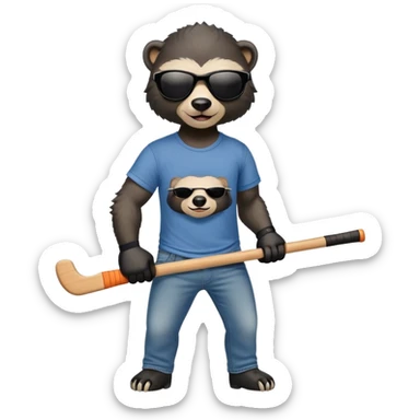 mischievous anthropomorphised honey badger in jeans and a t-shirt, wearing sunglasses, holding a hockey stick sticker