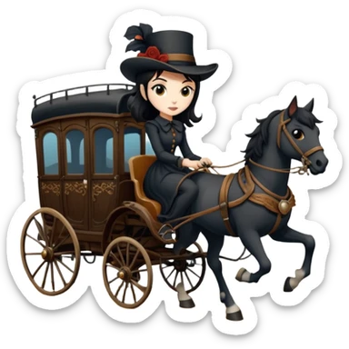  Rustic all black antique wood detailed 1854 pretty dark-haired Catgirl driving a huge horse-drawn fancy French stagecoach Caravan on a bumpy scary ghost trail in the woods  sticker