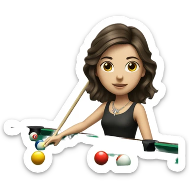 a brunette girl playing pool with a crown sticker