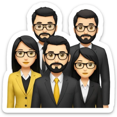 A work group avatar.Layout: two men (middle), two women (sides). Left woman: yellow skin, long black hair, glasses. Middle-left man: yellow skin, short black hair, thick black beard, shirt. Middle-right man: yellow skin, short black hair, no beard, suit. Right woman: yellow skin, long black hair.  sticker