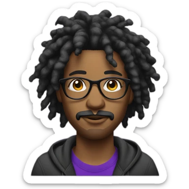 Single young with mustache Black digital creator with glasses and black locs and purple sweatshirt sticker