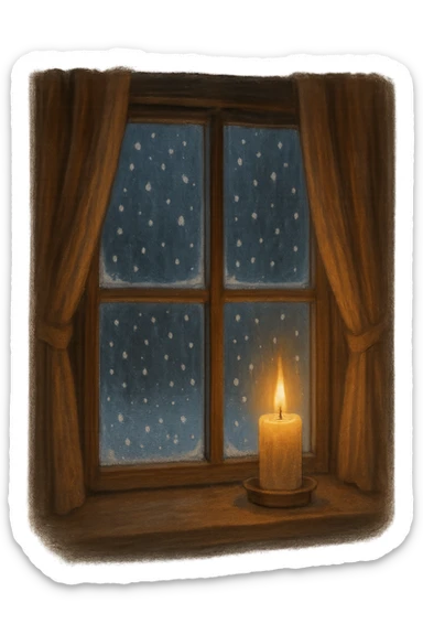 cozy window with snow falling outside, candle on the sill, tranquil sticker