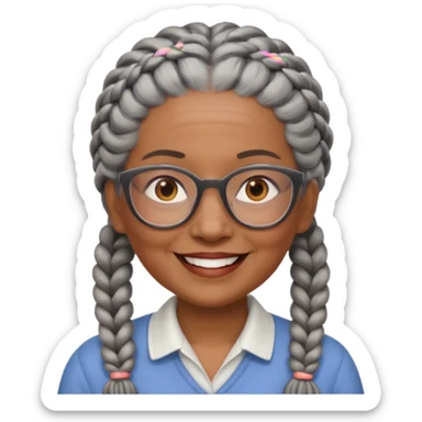 Older woman of color with gray braids, glasses and smiling sticker