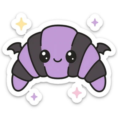 kawaii style gothic croissant, cute face, black and purple layers, tiny bat wings, fun and sweet sticker