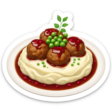 Meatballs with mashed potatoes, peas, pickled cucumber, lingonberries and gravy sticker